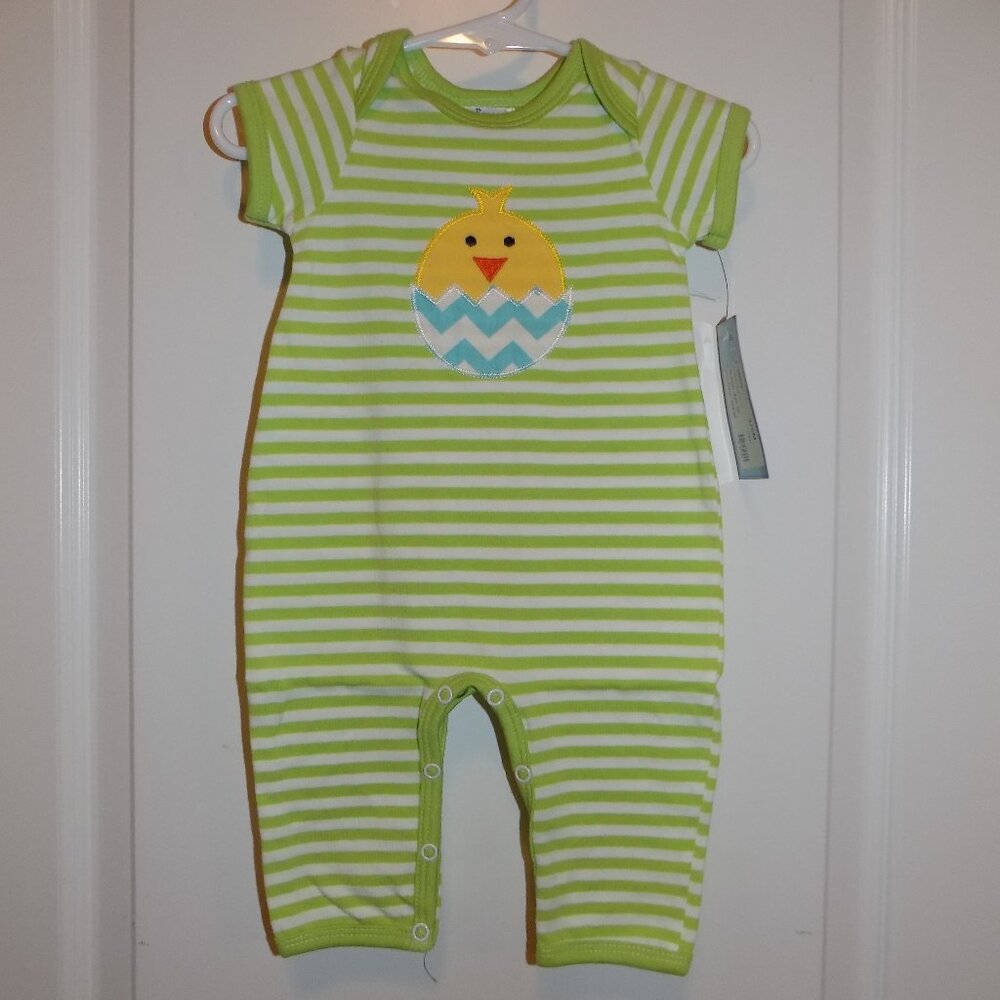 BOYS N BERRIES Green Striped Knit Romper Easter Spring Chick Egg Sz 3-6M NWT